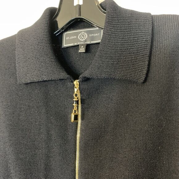 Vintage ST JOHN SPORT Marie Gray CLASSIC BLACK Full Zip WOOL KNIT SWEATER Petite - Picture 6 of 10